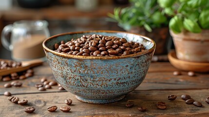 Whole coffee beans in a beautifully designed ceramic bowl, with a rustic kitchen background