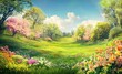 © Zaleman - An idyllic paradise garden full of flowers. Stock illustration, a beautiful scene in Eden full of flowers, 3D illustration with vibrant colors.