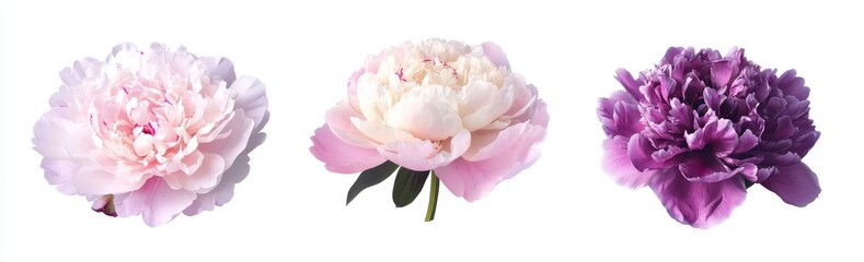 Poster - Isolated white and pink peony flower heads on a transparent PNG background. This image was made with Stock.