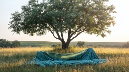 Wall Mural - Serene Rural Landscape with Draped Fabric Under Tree