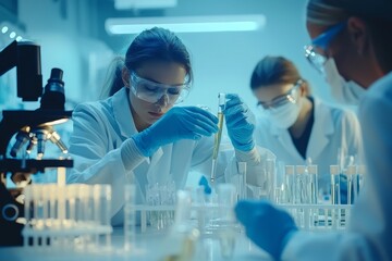 A biotechnology laboratory with scientists wearing lab coats and working with DNA samples, as well as advanced equipment and generative stock