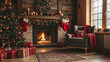 © Sawyer0 - Przestronny pokój udekorowany na Boże Narodzenie, z kominkiem, który emituje przyjemne ciepło, i elegancko ozdobioną choinką w rogu.