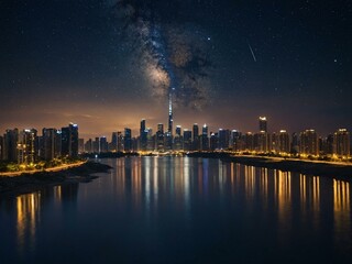 Wall Mural - The serenity of night captured in a city skyline, with stars twinkling above.