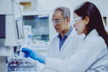 Aufkleber - During mass spectrometry, a scientist injects samples with a micro-syringe into a mass spectrometer, and a scientist woman assists in preparing the samples for analysis.