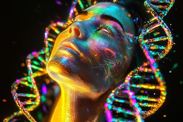 Leinwandbilder - A woman portrait among DNA chains. Concept of medical science and biotechnology. Stock.