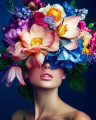 Flower concept of vibrant spring colors on the face and body of a beautiful and attractive young woman. Abstract portrait. Stock photo.