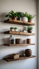 Wall Mural - Three wooden shelves mounted against a white wall.