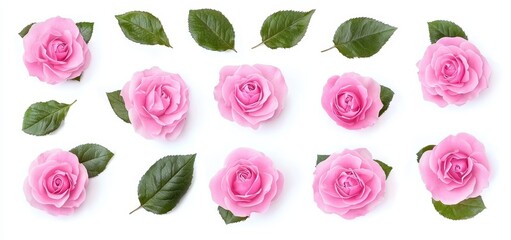 Sticker - Roses, flowers, buds, leaves, cut-outs of flowers, perfume / essential oil or garden design elements, top view / flat lay, PNG