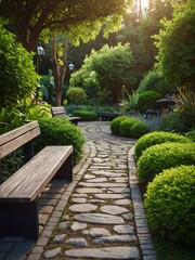 Wall Mural - Tranquil garden path with benches and lush greenery, ideal for relaxation.