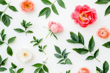 Aufkleber - A decorative floral composition with pink roses, peonies, and chameleucium flowers on a white table background. Flower pattern. Flat lay, top view. Stock photo suitable for weddings or birthdays.
