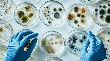 Poster - Research for Antibiotics, Curing Disease with DNA Enhancing Drugs. Moving Close-up Macro of Scientist Working With Petri Dishes.