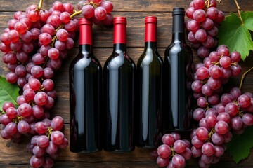 top view wine bottles with grapes. High quality