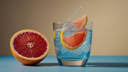 Two glasses filled with a grapefruit drink set against a bright beige and blue background.