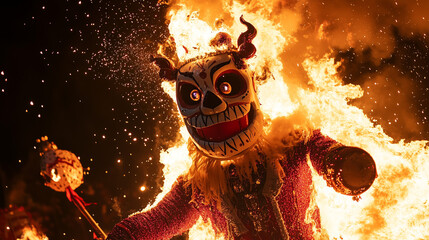 Scene from the Zozobra festival, with flames rising as the effigy of Zozobra burns, against the backdrop of a dark night sky, Ai generated images