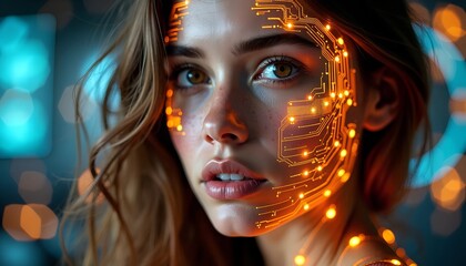 Poster - Blue and Red Digital Interface Overlay on Woman's Face