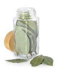 Wall Mural - Dry bay leaves in glass jar isolated on white