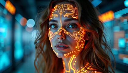 Poster - Blue and Red Digital Interface Overlay on Woman's Face