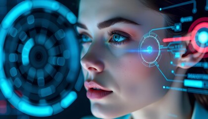 Poster - Blue and Red Digital Interface Overlay on Woman's Face