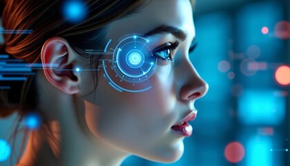 Poster - Blue and Red Digital Interface Overlay on Woman's Face
