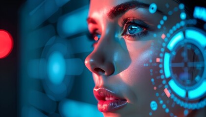 Poster - Blue and Red Digital Interface Overlay on Woman's Face