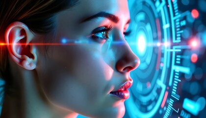 Poster - Blue and Red Digital Interface Overlay on Woman's Face