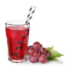 Canvas Print - Tasty grape juice in glass, leaf and berries isolated on white