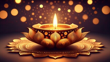 A close-up of a beautifully crafted diya lamp with intricate designs and a bright flame, placed on an ornate mandala. Symbolizing the celebration of Diwali.