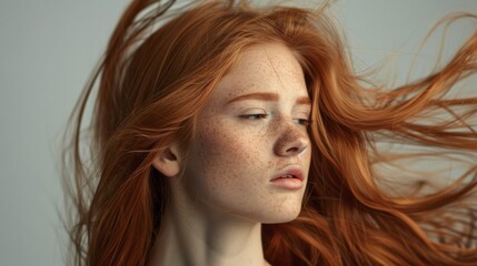 Wall Mural - Close-up of red-haired girl's face on plain neutral background. Concept of improving hair appearance, revealing femininity and attractiveness, developing hairdressing business.
