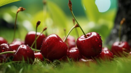 Wall Mural - Sweet cherry with dew drops on green grass. Neural network ai generated art