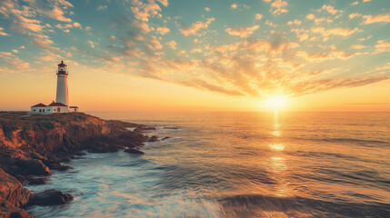 Lighthouse on a rocky coastline at sunrise with dramatic clouds and ocean waves