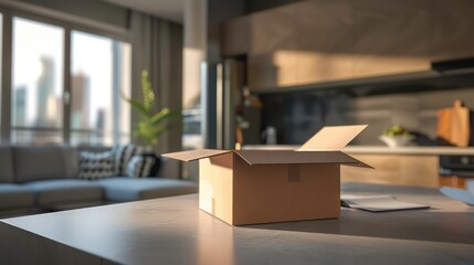 Poster - A brown cardboard box sits on a table in front of a window in a modern living room.