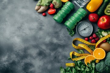 Wall Mural - Healthy lifestyle, food and sport concept. Top view of athlete's equipment Weight Scale measuring tape green dumbbell, sport water bottles, fruit and vegetables on gray background.  generative ai