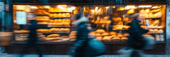 Bustling bakery storefront at night, golden loaves illuminated in window display, blurred passersby creating dynamic urban scene, warm glow contrasts cool street.