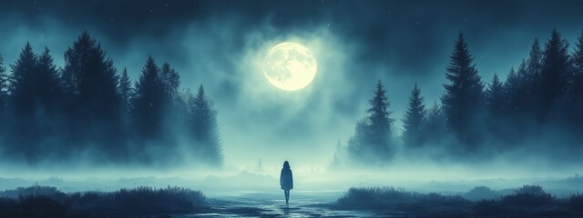 Canvas Print - A solitary figure walks through a misty forest under a large, bright full moon at night