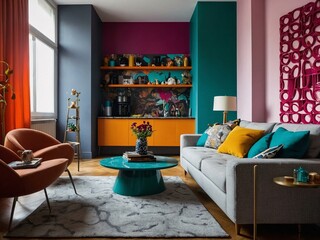 Wall Mural - Vibrant urban chic apartment with playful and creative interior decor ideas.