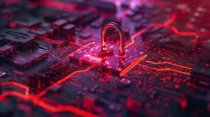 Poster - A close-up of a glowing circuit board with a padlock in the center.