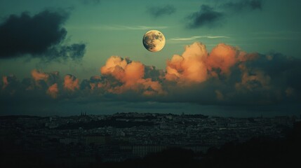 Poster - Majestic Moon Over Cityscape at Dusk