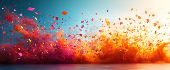 Colorful confetti explosion with red, pink, orange, yellow and blue colors.