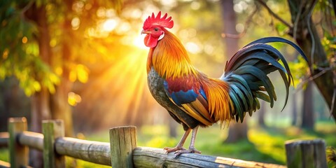 A vibrant male rooster stands proudly on a rustic wooden fence, feathers glistening in sunlight, its bright plumage and strong build exuding confidence and vitality.