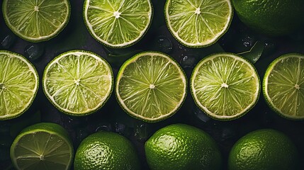 A close-up shot of halved limes on a dark surface. The limes are arranged in a circle, and the dark background highlights the juicy, vibrant green flesh.