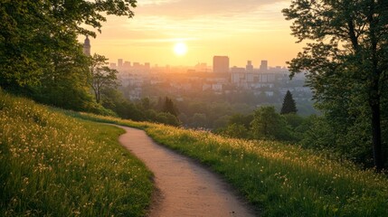 Sticker - Cityscape Viewed from a Park at Sunrise