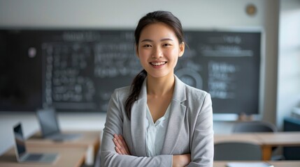 high detailed wide headshot photo of a standing teacher asian adult female smiling with arms crossed, wearing comfortable formal and modern clothes with blazer in light grey colors, generative ai