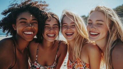 Canvas Print - Group of young women on a beach, laughing and enjoying the sun.