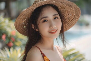 Wall Mural - Smiling Woman Wearing a Straw Hat