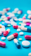 Colorful assortment of pharmaceutical pills and capsules scattered on vibrant turquoise background, highlighting variety in modern medicine and healthcare industry.