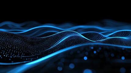 Poster - 3D abstract digital interface with blue horizontal particle lines flowing smoothly on a black background, representing communication technology and innovation.