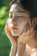 Wall Mural - Close Up Portrait of Young Woman with Eyes Closed and Hands on Face