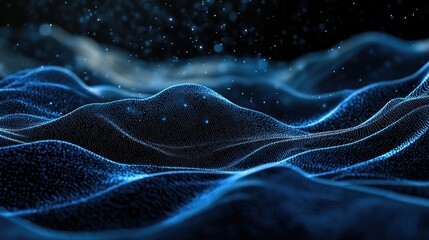 Poster - 3D abstract landscape with flowing blue particle lines on a dark background, emphasizing the concept of advanced communication technology and digital innovation.