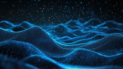 Poster - 3D abstract landscape with flowing blue particle lines on a dark background, emphasizing the concept of advanced communication technology and digital innovation.