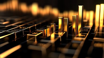 Wall Mural - 3D bar graph with gold bars, representing financial success, dark luxury background